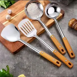 4 Pack Stainless Steel Wok Untensil Set, Includes Spatula, Ladle, Skimmer and Slotted Spatula, Kitchen Utensils with Heat-insulated Wooden Handle for Wok Cooking, Easy to Clean