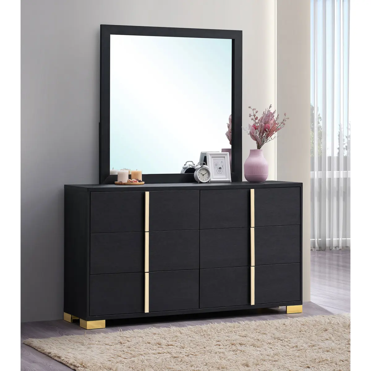 Jeremiah Black Minimalist Art Deco 6-Drawer Dresser with Mirror - 16.25 Inches Wide, 33 Inches High, English Dovetail Construction, Geometric Gold Metal Accents, Plastic Accents, Smooth Glides, Large Storage, Vertical Hardware