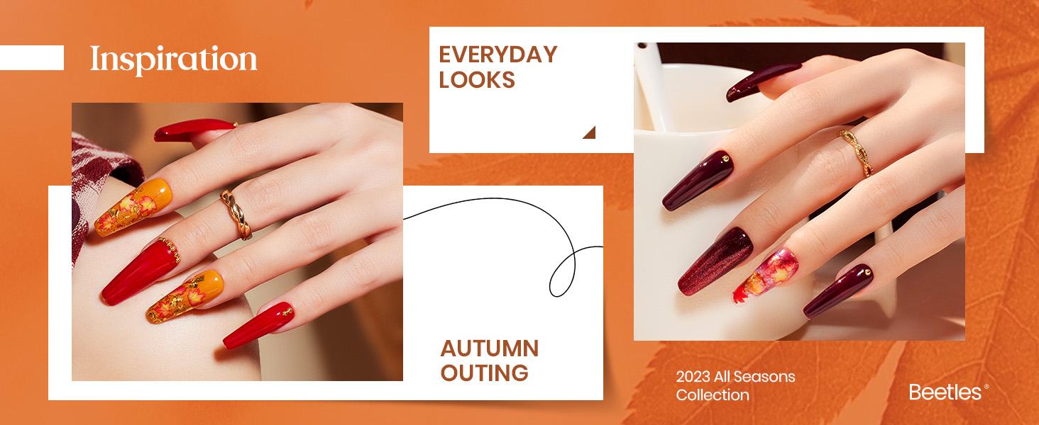 Beetles Gel Polish Colors Red Green Blue Orange Fall Autumn Gel Nail Polish Set with Base Gel Top Coat Soak off UV Golden Glitter Glossy Nail Kit Gifts for Women Girls