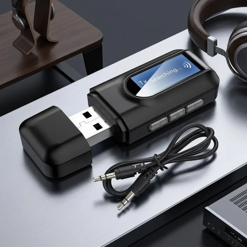 Bluetooth 5.0 Audio Transmitter & Receiver 2-in-1, Car FM Transmitter, USB-C Portable Wireless Adapter with LCD Display, One Touch Control, Low Latency Bluetooth AUX Converter for PC, Car, TV, Home Speakers, Plug & Play Streaming Adapter Automotive