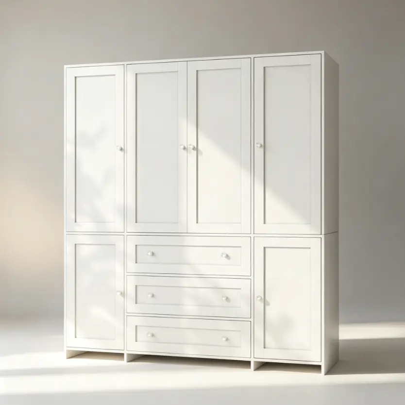 VOWNER 4-Door Large Wooden Wardrobe, Tall Bedroom Armoire Closet Organizer with Big Drawers, Mirror, Hanging Rails, Shelves, Clothes Storage Cabinet