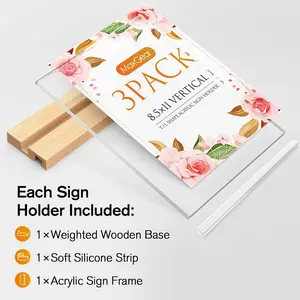 MaxGear L/T Shape Acrylic Sign Holder, 8.5 X 11 Clear Table Display Stand with Wooden Base, Flyer Menu Holder Photo Frames Paper Stand for Office, Wedding, Restaurants, Hotels 3 Pack