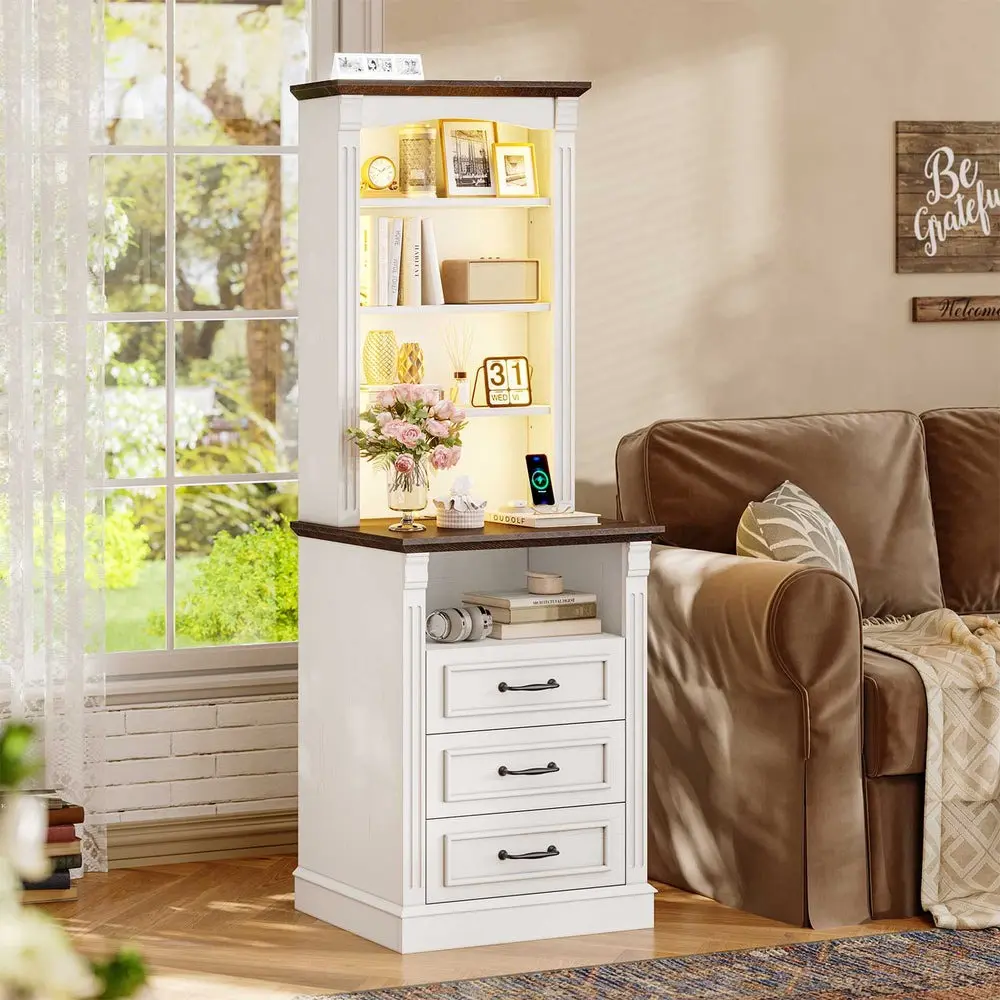 Sikaic Farmhouse LED Nightstand - 61 in Tall Indoor Furniture with Charging Station, 3 Drawers, Adjustable Bookshelf, Farmhouse Bedside Table