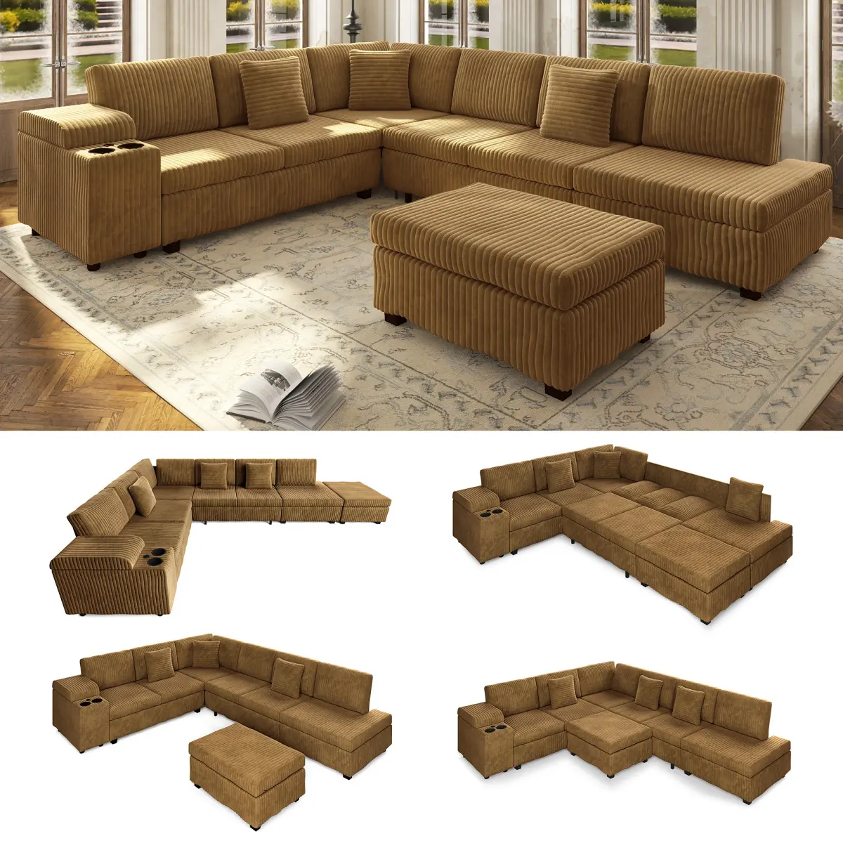 Aobtkel 110.2" L-Shaped Space-Saver Sectional Couch - Sturdy Indoor Sofa Futon Couch Sleeper with Removable Ottoman, Hidden Armrest Storage, USB Ports, Cup Holders, Plush Corduroy Fabric, Multiple Seats, Requires Assembly (Black) for Living Room Furniture
