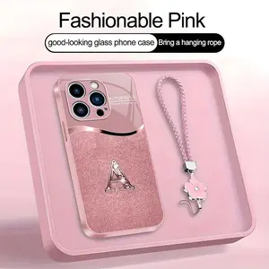Luxury Pink Phone Case with Lanyard Initial Letter A-Z Cover for iPhone 13 Pro Max --975
