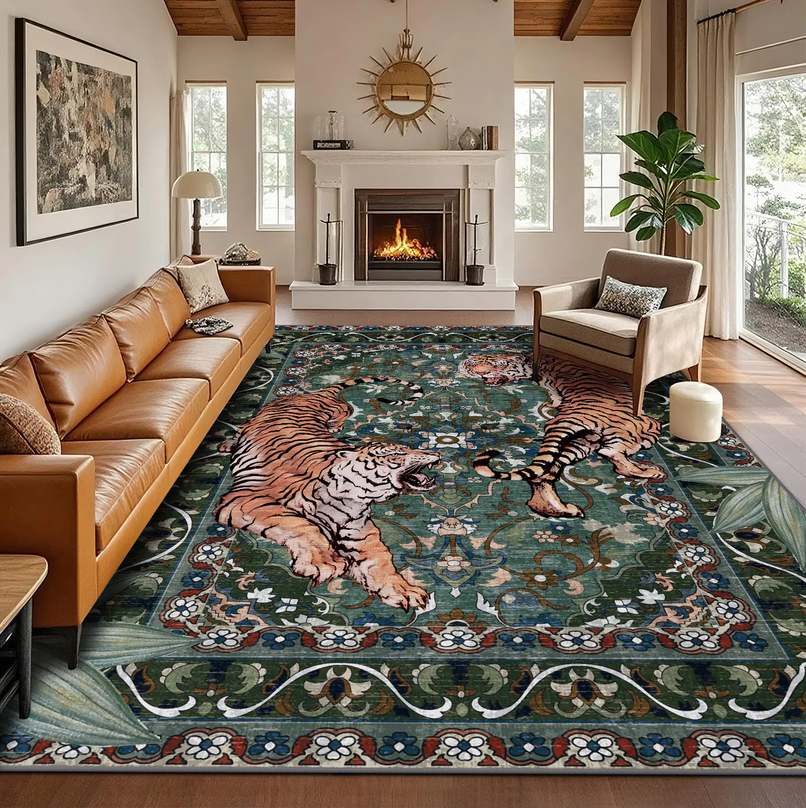 Geanup Tiger Area Rug - Green, Washable, Non-Slip, Soft Botanical Low-Pile Decorative Animal Floor Rug for Living Room House Decor, Area Rugs