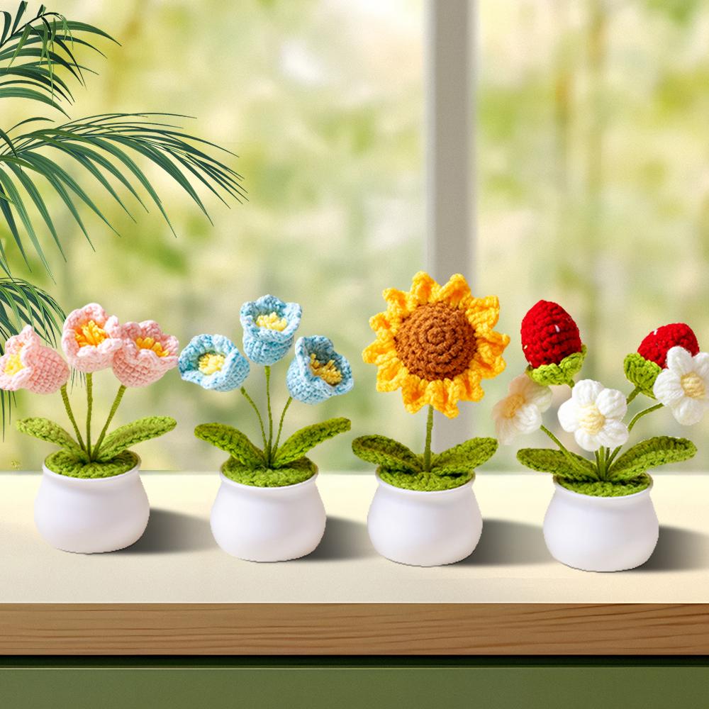 TTZZ Handmade Crochet Bouquet Potted Flowers - Artificial Flower with Exquisite Pot Decor, Knitted Design, Includes Fruit Decoration, Gift Ornaments