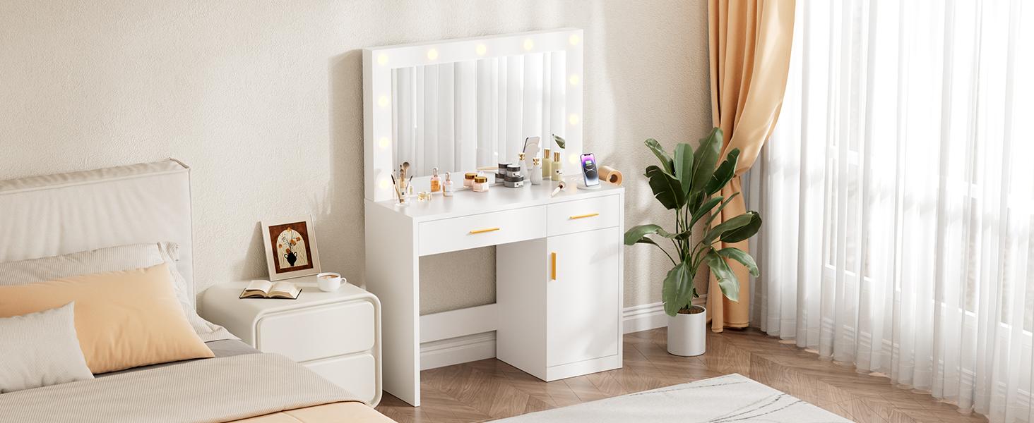 Vanity Desk with Mirror, Makeup Vanity Table with Charging Station (2AC/USB/C), Dressing Table with 2 Drawers & Large Cabinet