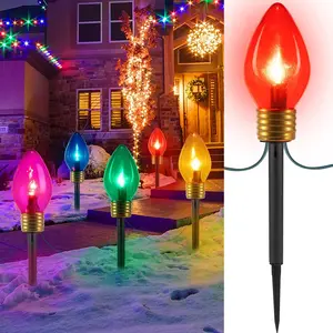 Brightown Jumbo C9 Christmas Lights Outdoor Decorations Lawn with Pathway Marker Stakes, 8 Feet LED Lights Covered Jumbo Multicolored Light Bulb for Holiday Outside Yard Garden Decor, 5 Lights