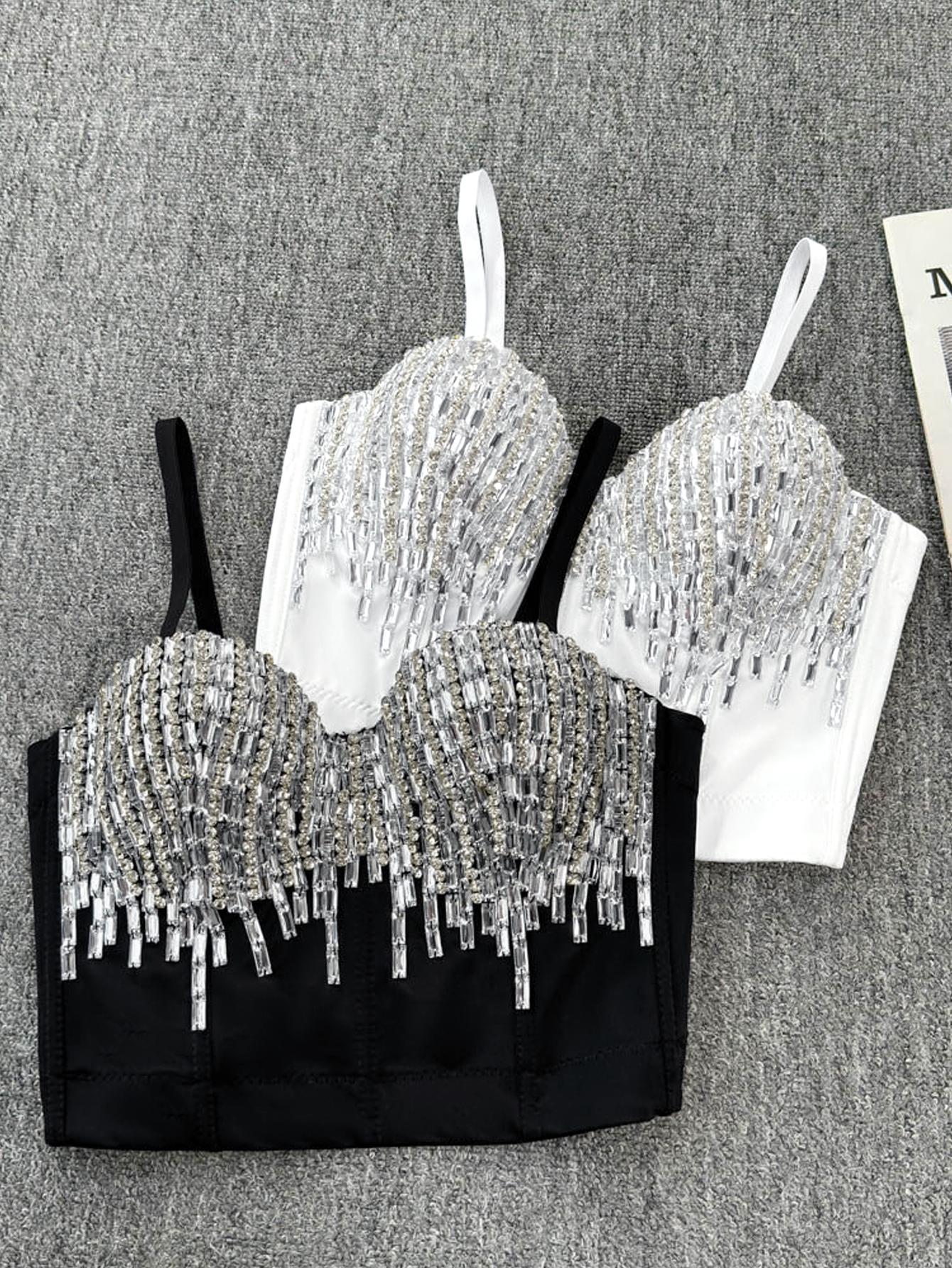 ASANDY Women’s Rhinestone Fringe Bustier Crop Top, Sweetheart Neck Spaghetti Strap Beaded Party Top for Club Nights & Date Nights