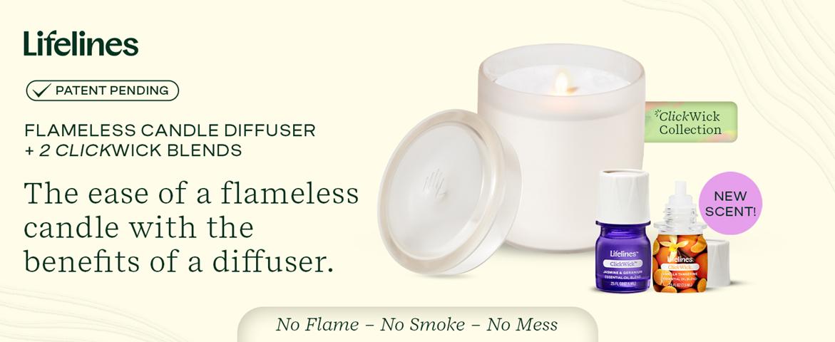 Lifelines Flameless Candle Essential Oil Diffuser Bundle with 2 ClickWick Essential Oil Blends - FREE SHIP