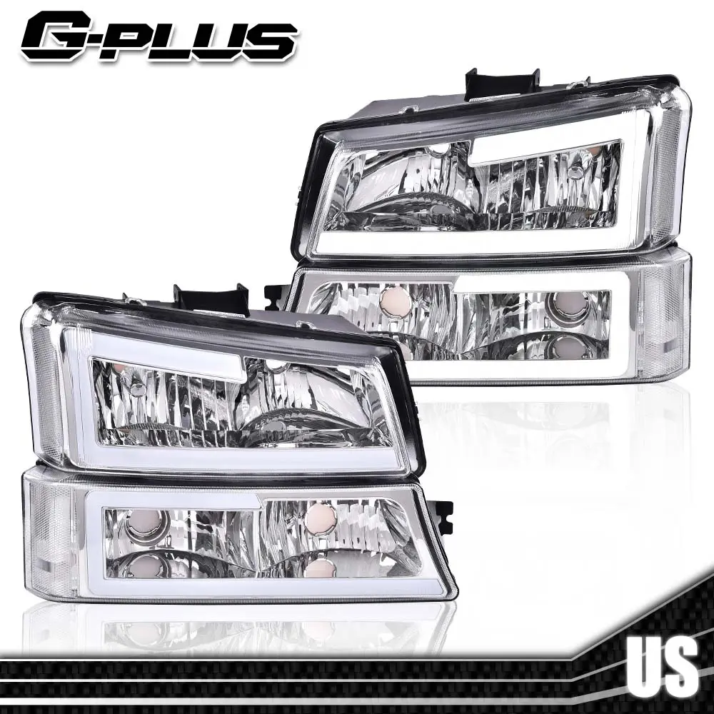 LED Headlight Fit for Chevy Silverado 1500 2500 3500 HD Model 03-06/for Avalanche 1500 2500 03-06,Clear Lens Chrome Housing Clear Corner G-PLUS