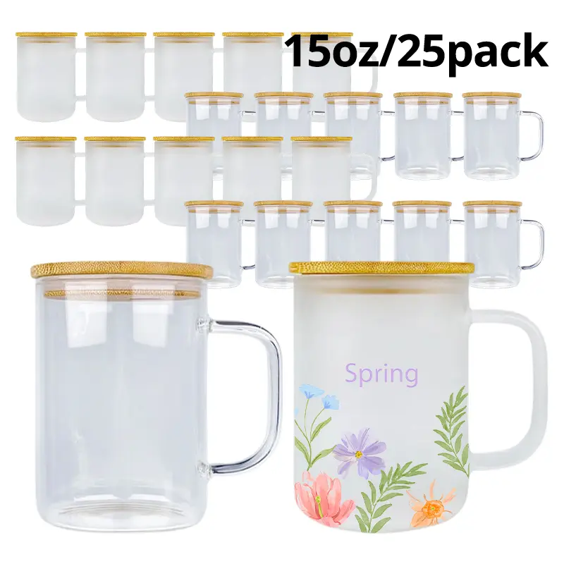25-Pack 15oz BPA-Free Sublimation Glass Tumbler Blanks, High Borosilicate Print-Ready Washable Drinkware with Bamboo Lid, Silicone Straw, Clear/Frosted for DIY Crafts, Heat Transfer Printing, Personalized Gifts
