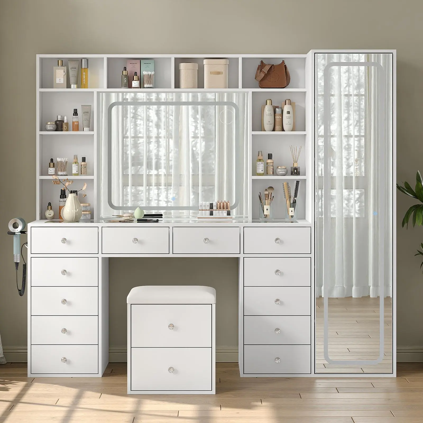 [Shipping by 3 Packages] FUSOU 2-in-1 Vanity Desk Full Length Mirror & LED Mirror with Power Outlet, Makeup Vanity 14 Drawers & 10 Shelves, Hidden Storage Capacity, Dimmable & 3 Color Lighting Dressing Table for Bedroom, White,Shipping by 3 Packages