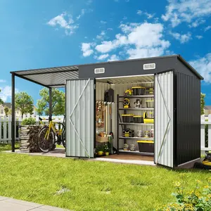 Aoxun 2-in-1 Metal Outdoor Storage Shed & Hardtop Gazebo Combo – 6x4ft Lockable Garden Tool Shed with 12x4ft Open-Sided Pergola, Durable Patio Shelter for Backyard, Deck & Generator