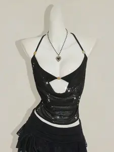 FENGDUAN Glittery Mesh Sheer Beaded Decor 2 In 1 Women Tank Top