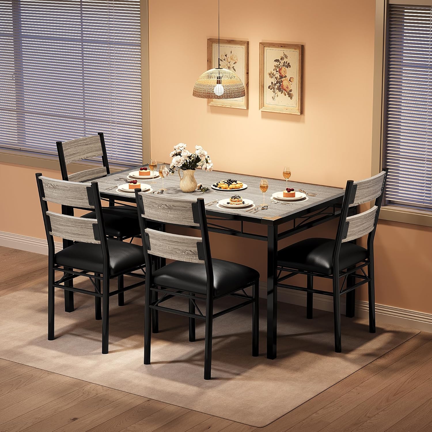 Dining Table Set for 4, Wood Kitchen Table Chairs Set of 4 with Corner Protector, Kitchen Table with 4 Upholstered Chairs, for Small Space, Dining Room, Apartment