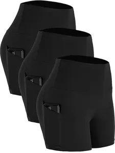 3-piece set of women's high waisted yoga shorts with pockets - ultra soft, elastic polyester blend, perfect for running and fitness, comfortable and durable, functional pockets for running clothing