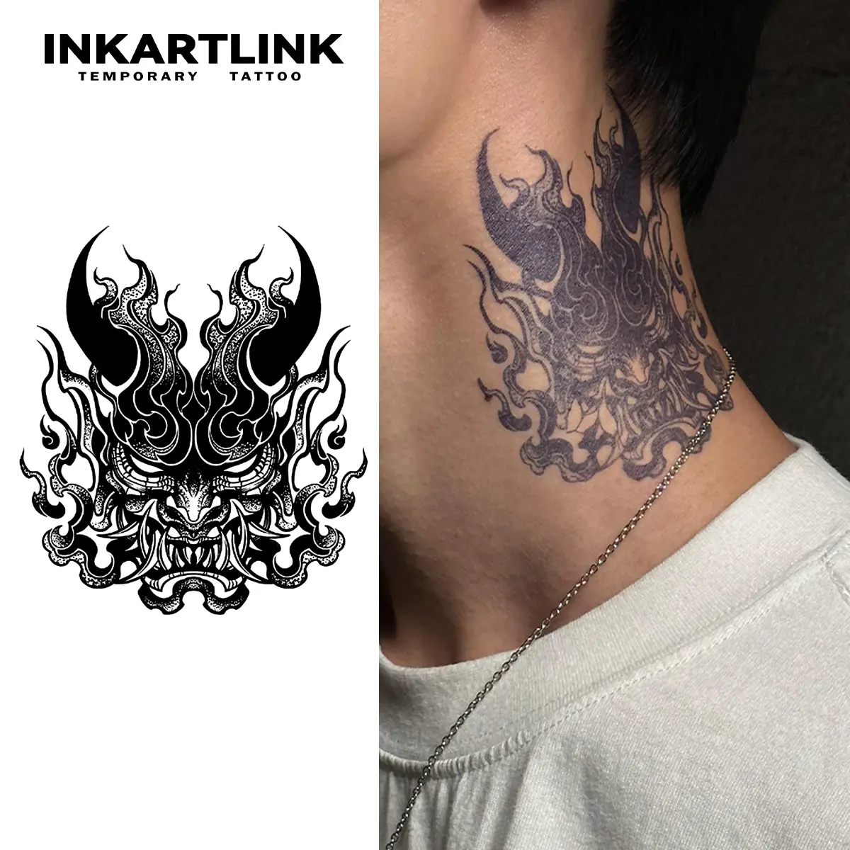 INKARTLINK Temporary Tattoos, Waterproof Body Art Stickers with Japanese Hannya & Gothic Oni Mask Designs for Neck & Arm, 2 Sheets, Body Art Temporary Tattoos, Fake Tattoos