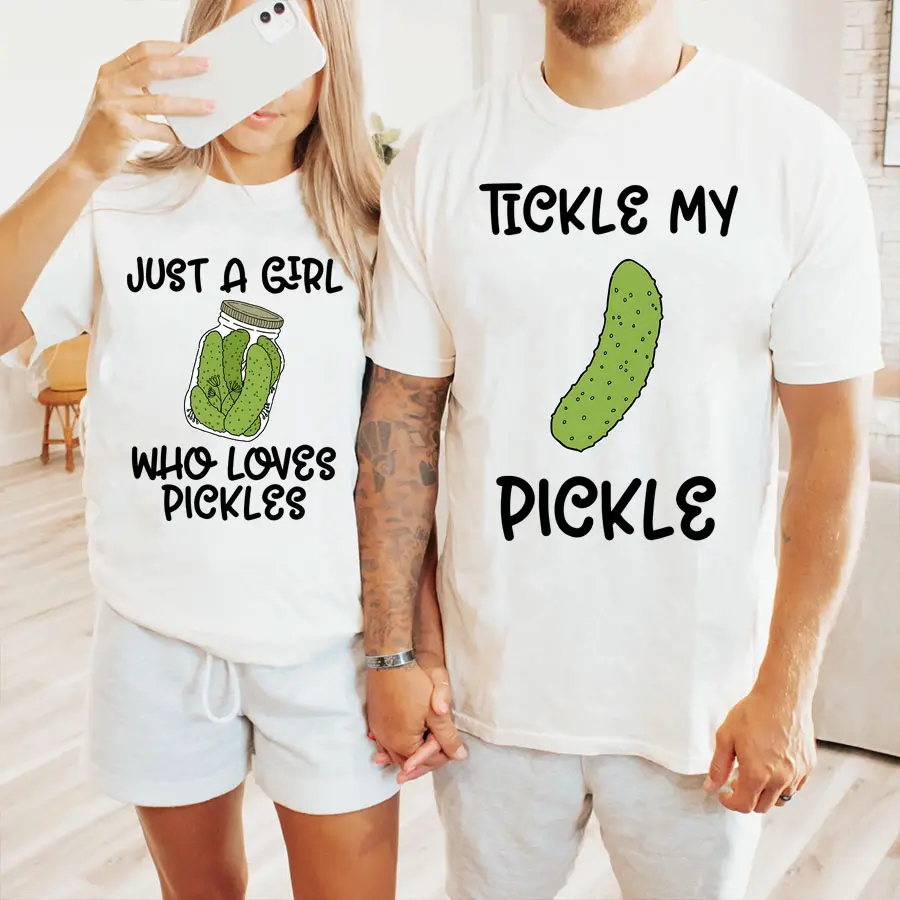 [100% Cotton] Funny Pickle Couple Matching TShirt, Tickle My Pickle Graphic Tee, Boyfriend Girlfriend Couples Shirt, Cute Humor Design, Unisex Easy to Match Outfit for Men Women, Valentines Couple Gift