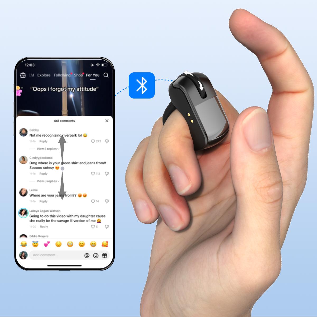 Bluetooth+2.4G Remote Control Scrolling Finger Ring Air Mouse with Touchpad for TikTok, Wireless Clicker, Video Scroller, Page Turn for Kindle APP, Presenter Remote, Selfie, Rechargeable, Remote Mice for Android iOS & PC Laptop Mac Tablet Computer Black Bluetooth+2.4G Remote Control Scrolling Finger Ring Air Mouse with Touchpad for TikTok, Wireless Clicker, Video Scroller, Page Turn for Kindle APP, Presenter Remote, Selfie, Rechargeable, Remote Mice for Android iOS & PC Laptop Mac Tablet Computer Black