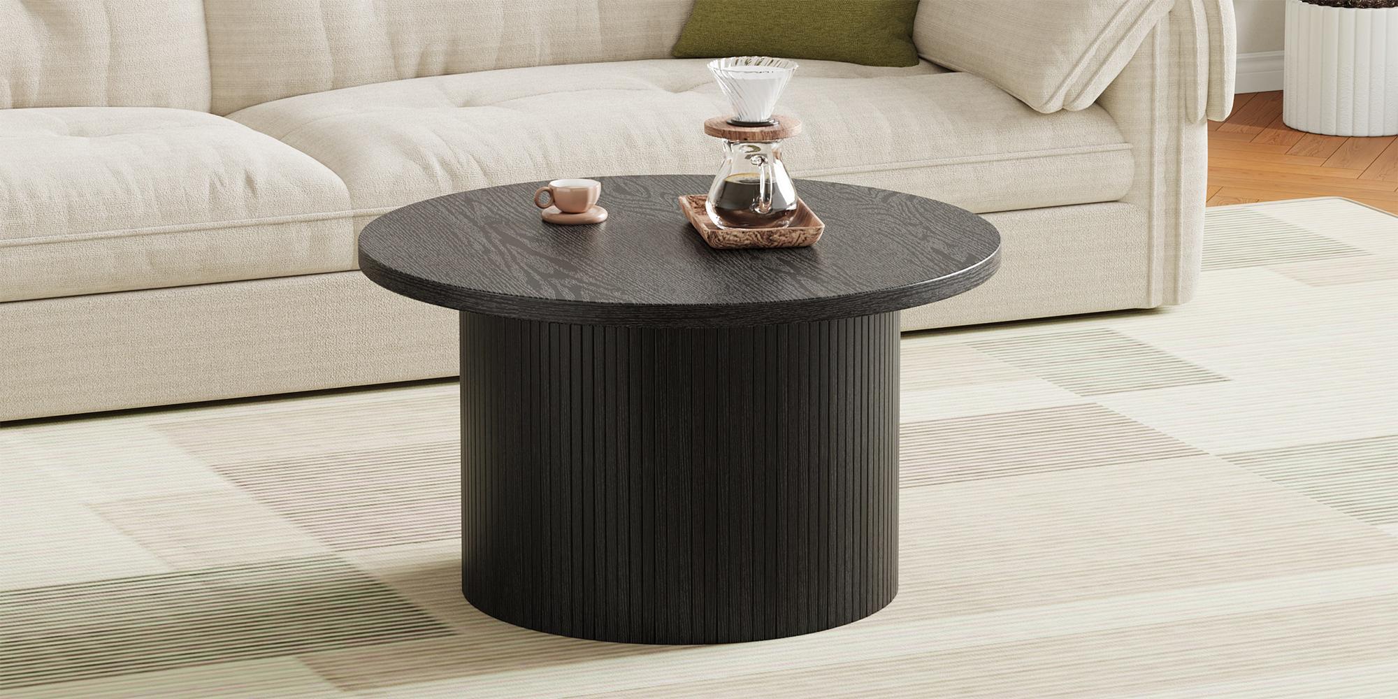 【SPOTLIGHT DAY】ONBRILL 31.5" Gorgeous Fluted Coffee Table, Round Mid Century Coffee Tables for Living Room, Cute Modern Wood Coffee Table, Drum Accent Small Center Table, Bedroom Furniture, Christmas Gift