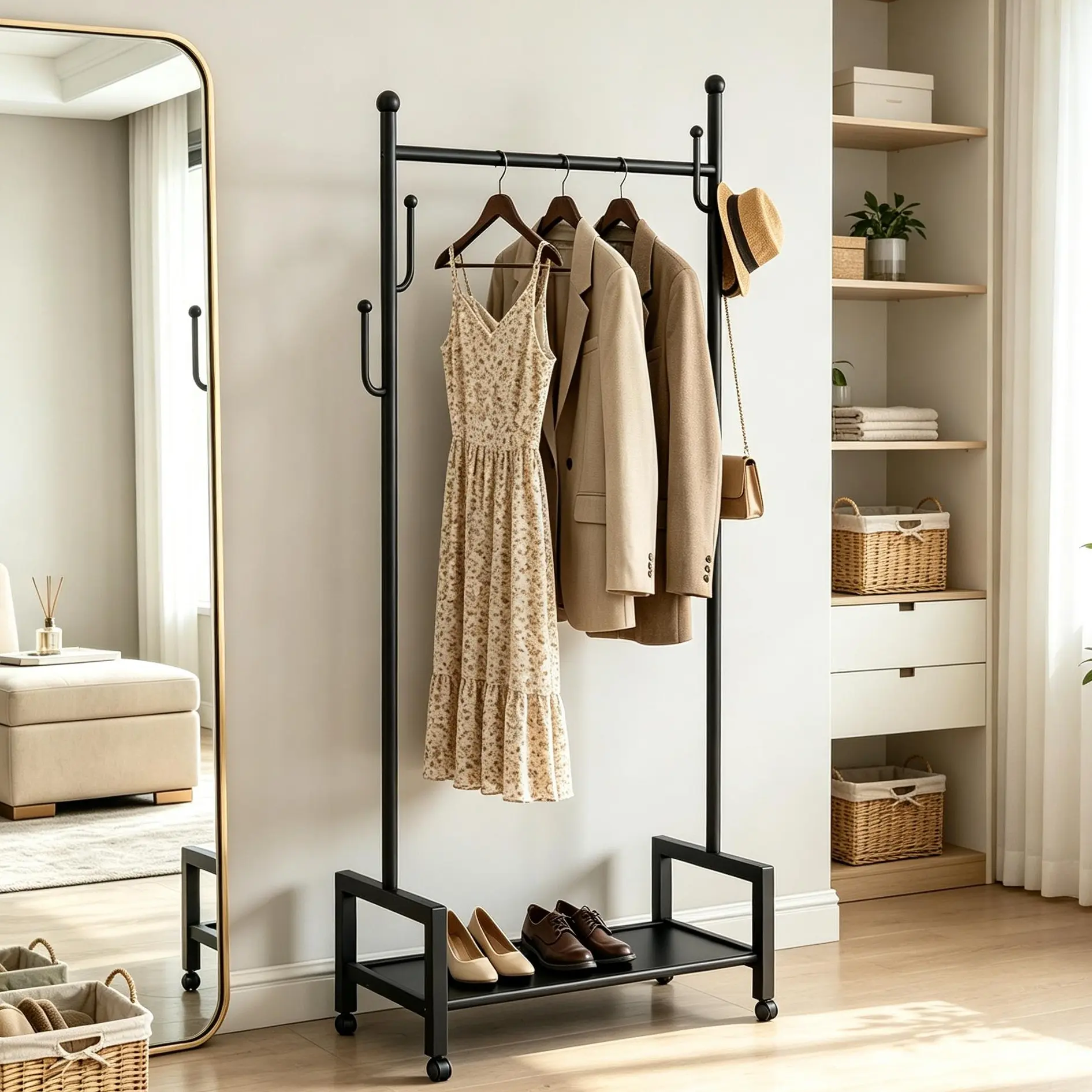UDEAR Home Bedroom Floor-Standing Clothes Rack Width 23.62in, Mobile and Easy-to-Use Coat Rack  Organiser with Wheels