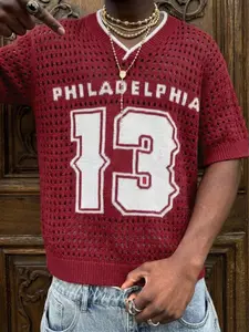 Men’s Spring/Summer Fashion New Arrival Minimalist Breathable Mesh Number Sports Street Casual Everyday Versatile Ribbed V-Neck Pullover Knit Short-Sleeve Top