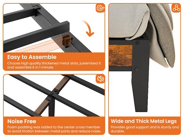 Full Bed Frame with Headboard, Underbed Storage, Built-in Charging Ports, Sturdy Noiseless Design, Tool-Free Assembly, No Box Spring Needed