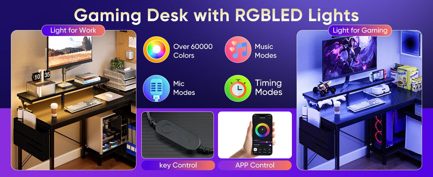 Gaming Desk, Computer Desk with USB Charging Ports, Power Outlets, Type-C and LED Lights, Reversible L Shaped Desk with Storage Shelves & Monitor Stand for Office, Gaming Room Gaming Desk, Computer Desk with USB Charging Ports, Power Outlets, Type-C and LED Lights, Reversible L Shaped Desk with Storage Shelves & Monitor Stand for Office, Gaming Room