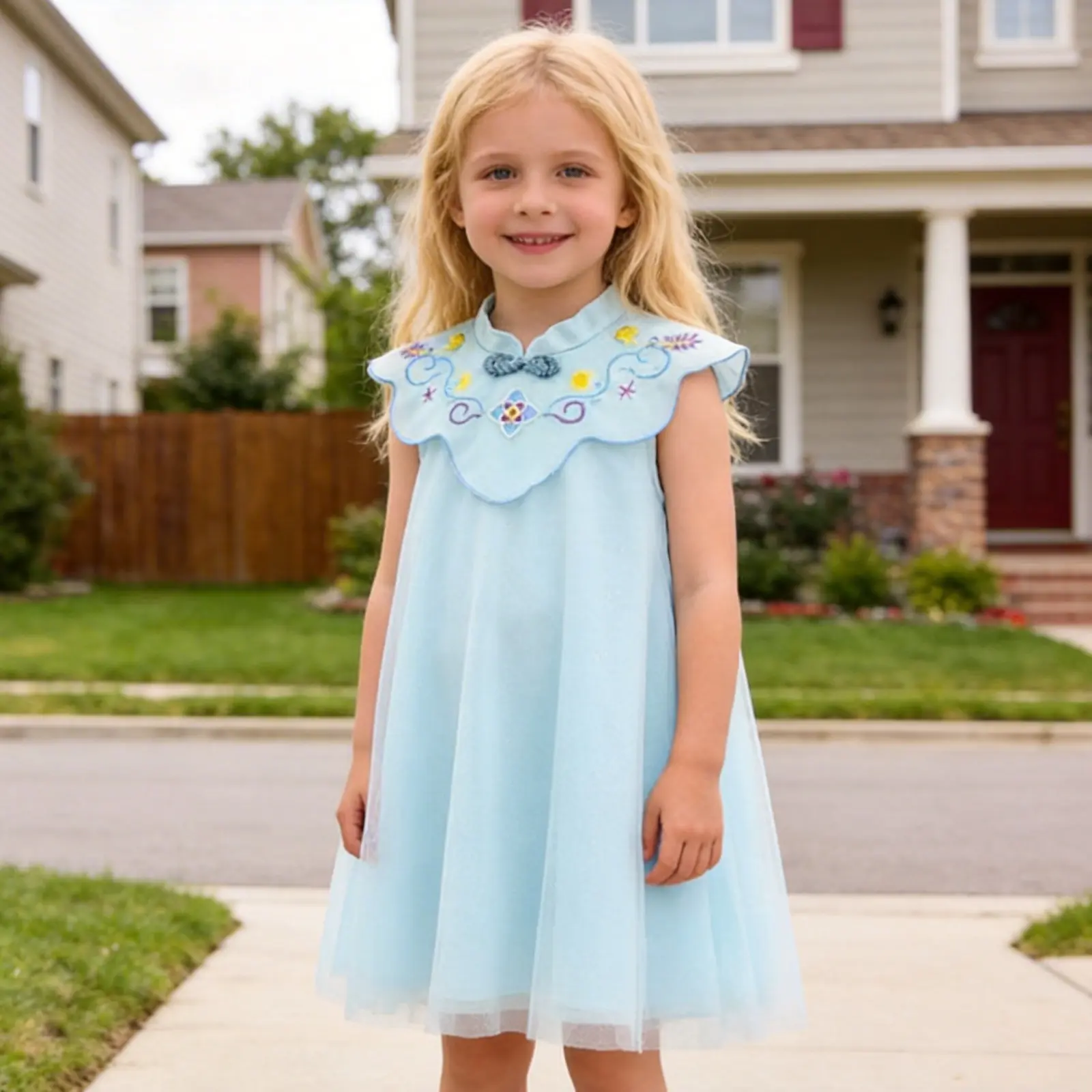CICIIBEAR Girls' Chinese Style Midi Dress, Formal Crew Neck Loose Fit Mesh Gown for First Communion and Birthday Parties, Midi Length, Nylon Blend, Tiered Skirt, Breathable, Cute, Hand Wash Only, Lightweight, New Chinese Style, Sleeveless, 3 - 4 Years