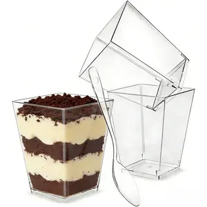 50 Pack 5 oz Square Mini Dessert Cups with Spoons Clear Plastic Dessert Shooter Cups for for Party, Yogurt, Parfait, Cheesecake, Pudding, Jello and Appetizers