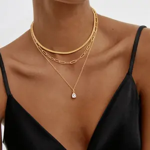 Pancert Gold Single Layer 3MM Herringbone Choker & Double Layer Paperclip Cable Chain Teardrop Zircon Necklace Set for Everyday Special Occasions