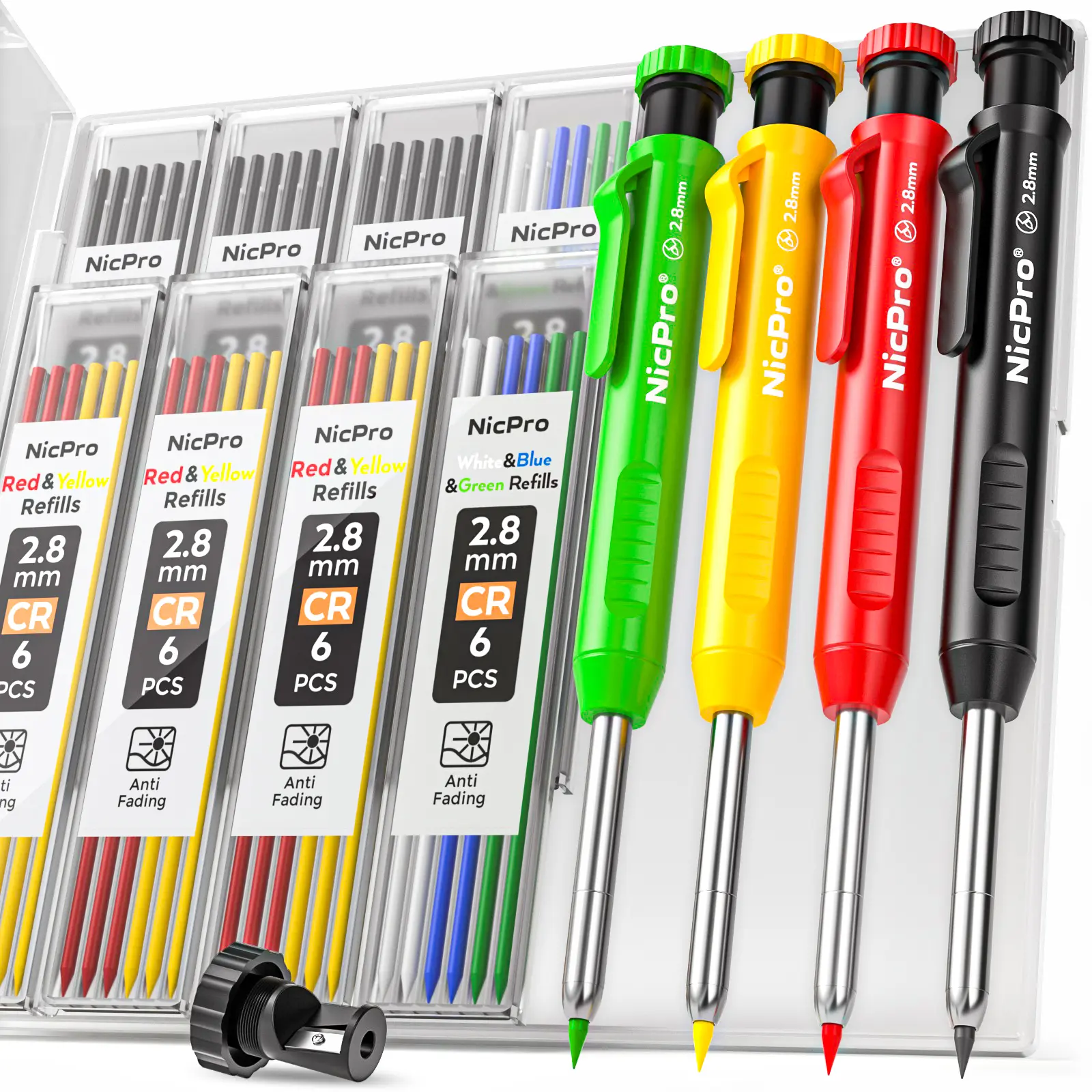Nicpro 4 Pack 2.8mm Carpenter Pencil with Sharpener, Mechanical Carpenter Pencils with 52 Refills, Construction Pencil Heavy Duty Woodworking Pencils for Architect (Red, Black, Yellow, Blue) Color Marker Set Refillable Ink