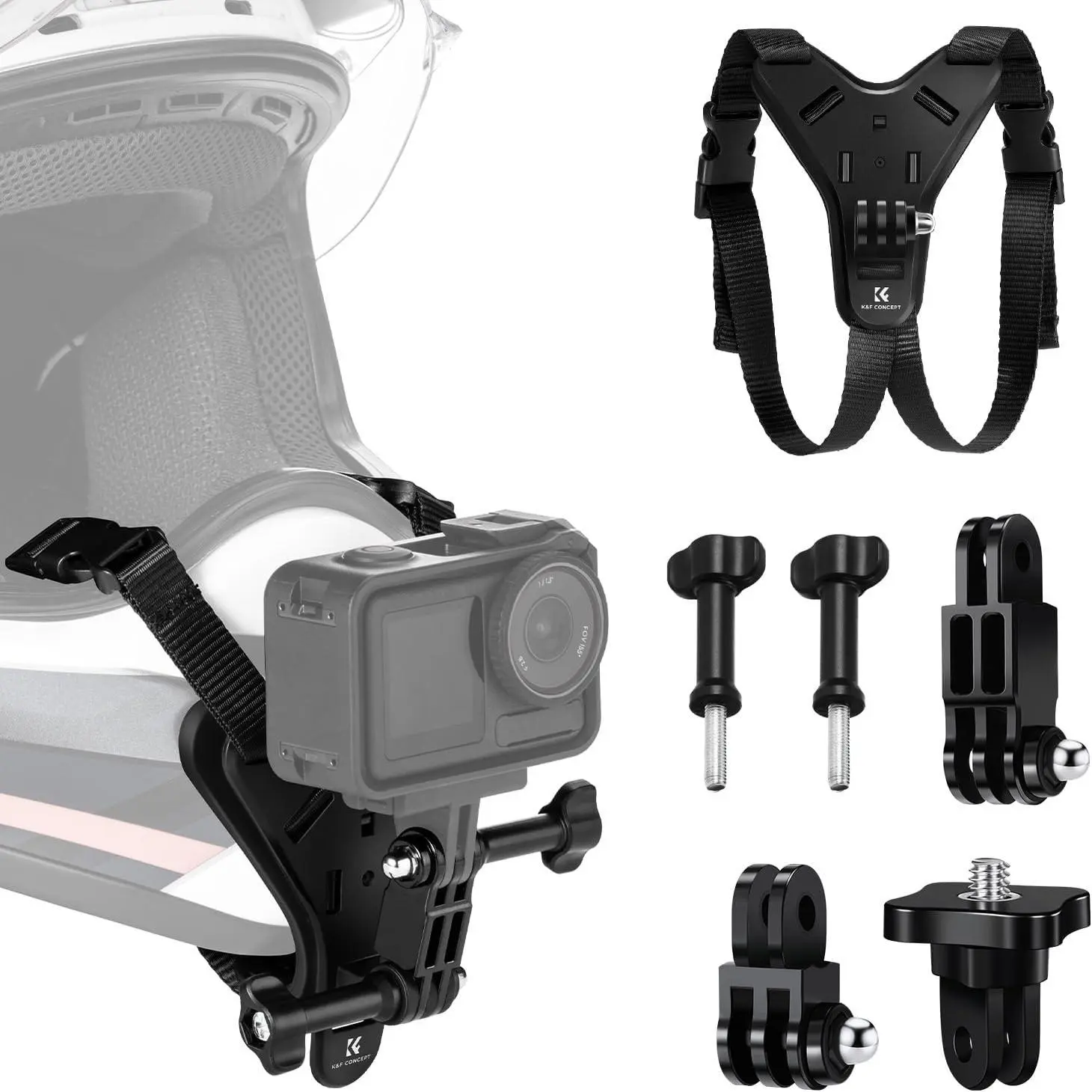 K&F Concept Upgraded Action Camera Chin Strap Mount - Adjustable, Quick Release, ABS Plastic, Extended Strap, 2-Claw Clip Helmet Holder for Motorcycle Dirt Bike, Compatible with GoPro Hero 13/12/11/10/9/8, DJI Osmo Action 5Pro/4/3, Insta360 X5/X4/X3