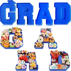 Graduation Charcuterie Board Fillable GRAD Trays 4 Pcs 13.7" Disposable Plastic Letter Shaped Boxes for Chocolate Candy Cookie Snacks Cupcakes Container Decor Photo Props Table Centerpiece Ideas Class of 2026 High School College Grad Party Supplies Gifts