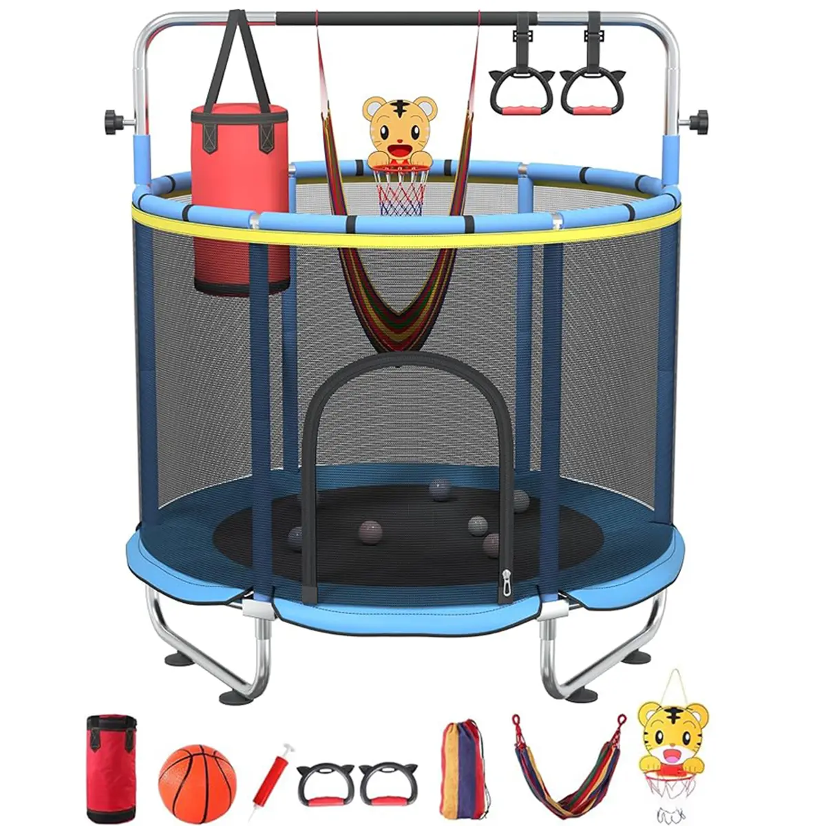 Toddler Indoor Trampoline with Gymnastics Bar, Basketball, Multi-Toys Swing and Safety Net Enclosure