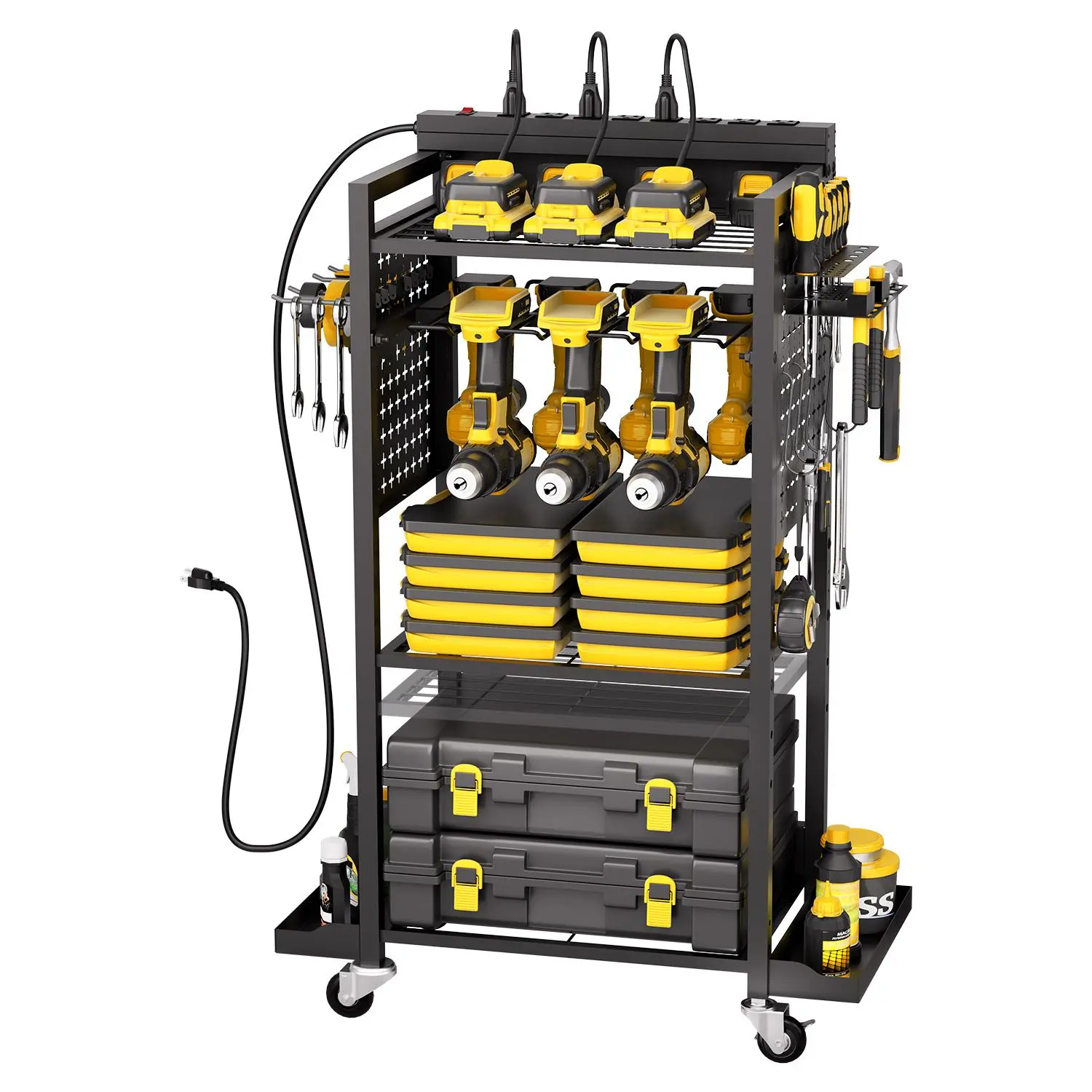 VEVOR 4-Tier Rolling Charging Station Organizer Cart with Steel Frame, 8 AC Outlets, 3 Shelves, 2-Inch Swivel Casters, 7-Slot Drill Holder, Battery Storage Rack, Side Pegboard, 6.6 ft Power Cord, 150 lbs Capacity, 16.5x11.8x34.1 In, for Garage Workshop