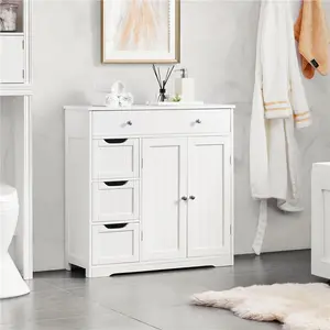 Costoffs Bathroom Free-Standing Floor Cabinet, Practical Storage Cabinet with 4 Drawers and 2 Doors for Kitchen, Entrance Area, Living Room, Adjustable Shelves