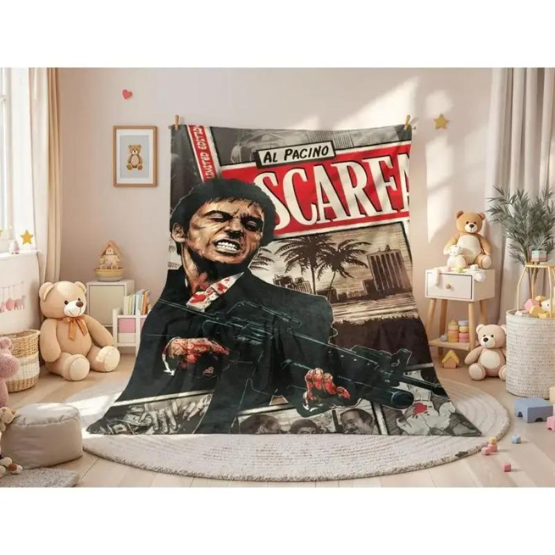 Tony Montana Action Scene Flannel Blanket Aesthetic Room Decor Soft Cozy Movie Theme Throw Blanket for Bedroom Sofa Couch Dorm Men Fans Birthday Christmas Holiday Gift