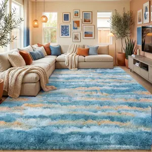 Living Room Rugs Bedroom Rugs, Ultra-Soft Plush Fluffy Shaggy Area Rug, Washable Non-Slip Soft Carpet with 4 Free Rug Grippers, for Kids Room Nursery Dorm Playroom Pet Friendly Modern Home Decor,  Sizes 4x6 5x7 6x9 8x10 9x12 , Abstract Blue and Yellow