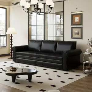 93.7 Inch Luxury Chesterfield Pull Out Sofa Bed, 3-in-1 Convertible Sleeper Sofa with Classic Nailhead Trim and Rolled Arms, Faux Leather King Size Sofa Bed for Living Room and Guest Room