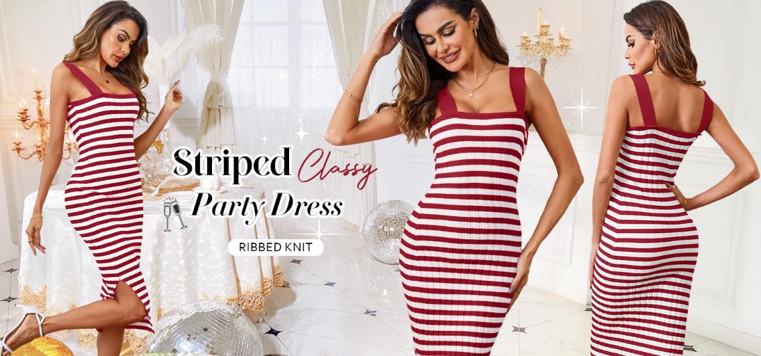 MEROKEETY Women's 2026 Summer Bodycon Midi Dress Vacation Sleeveless Striped Ribbed Knit Sweater Dresses