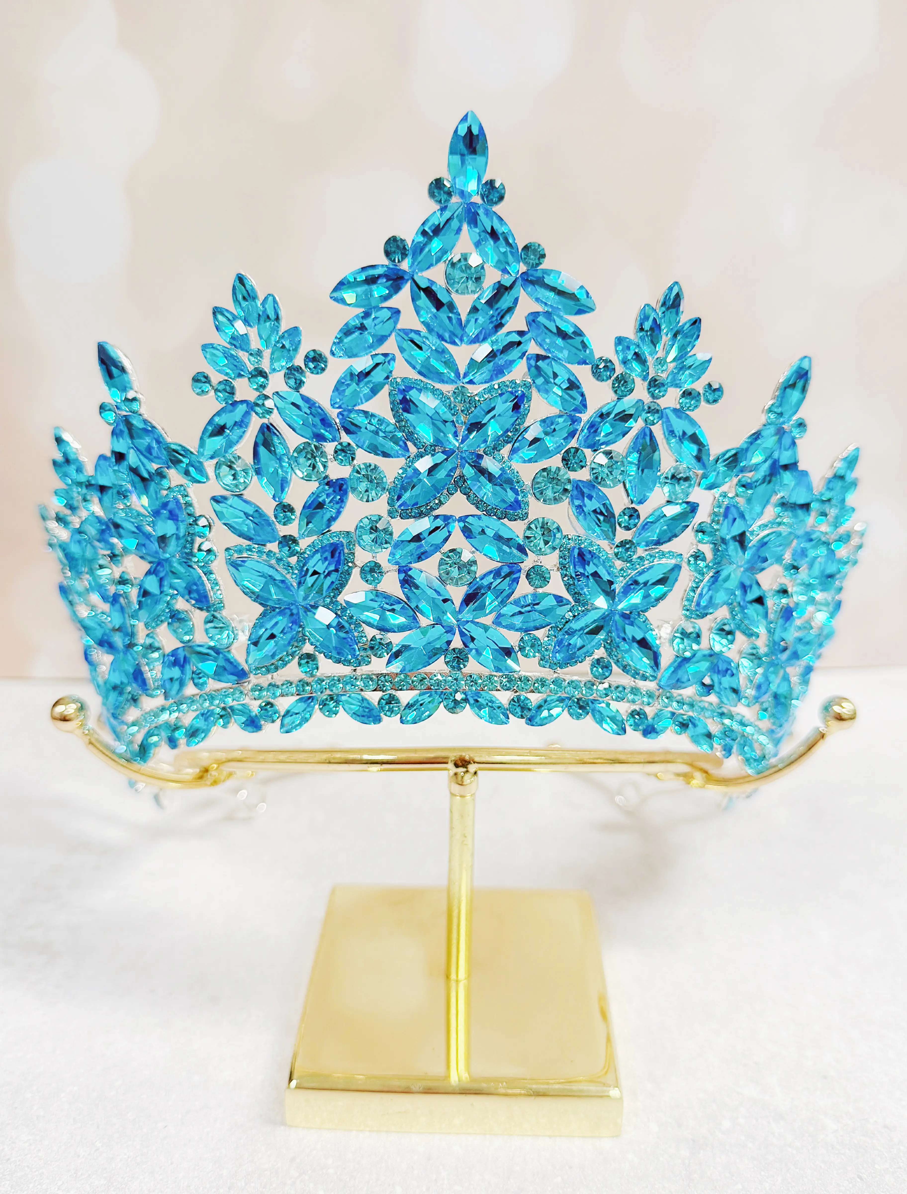 Female 7.5 Inches Wide Alloy Luxury Gold-Plated Mermaid Crown - Blue Crystal Rhinestone Fairy Tiara for Bridal Wedding & Ceremony, Gift Box Included, Glamorous
