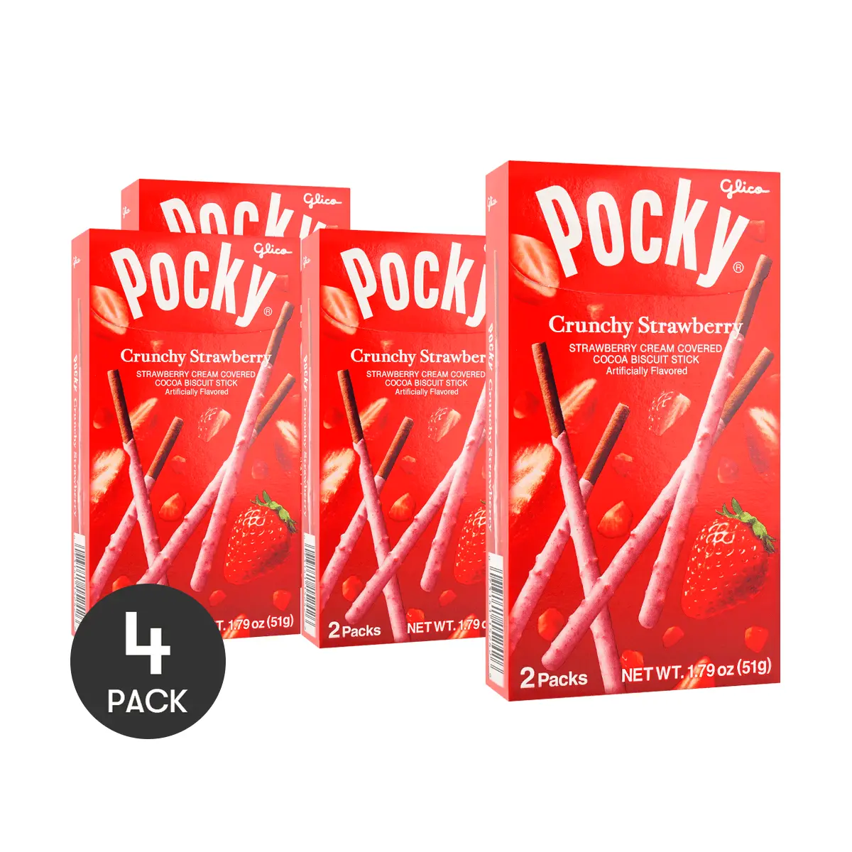 4 Pack GLICO POCKY Crunchy Strawberry Cookie Sticks 1.79 oz Each - Japanese Snack