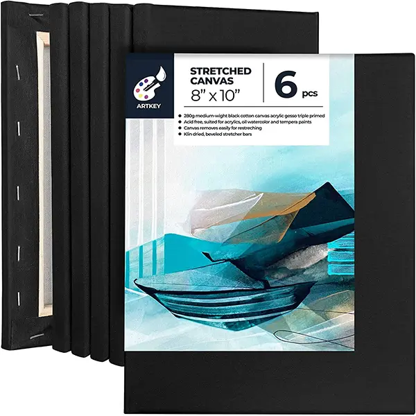 Artkey Black Canvas, 8x10 Inch 6-Pack Stretched Canvases for Painting, 10 oz Triple Primed Acid-Free 100% Cotton Black Canvas for Painting, Paint Canvas for Acrylics Pouring Oil Watercolor Paints