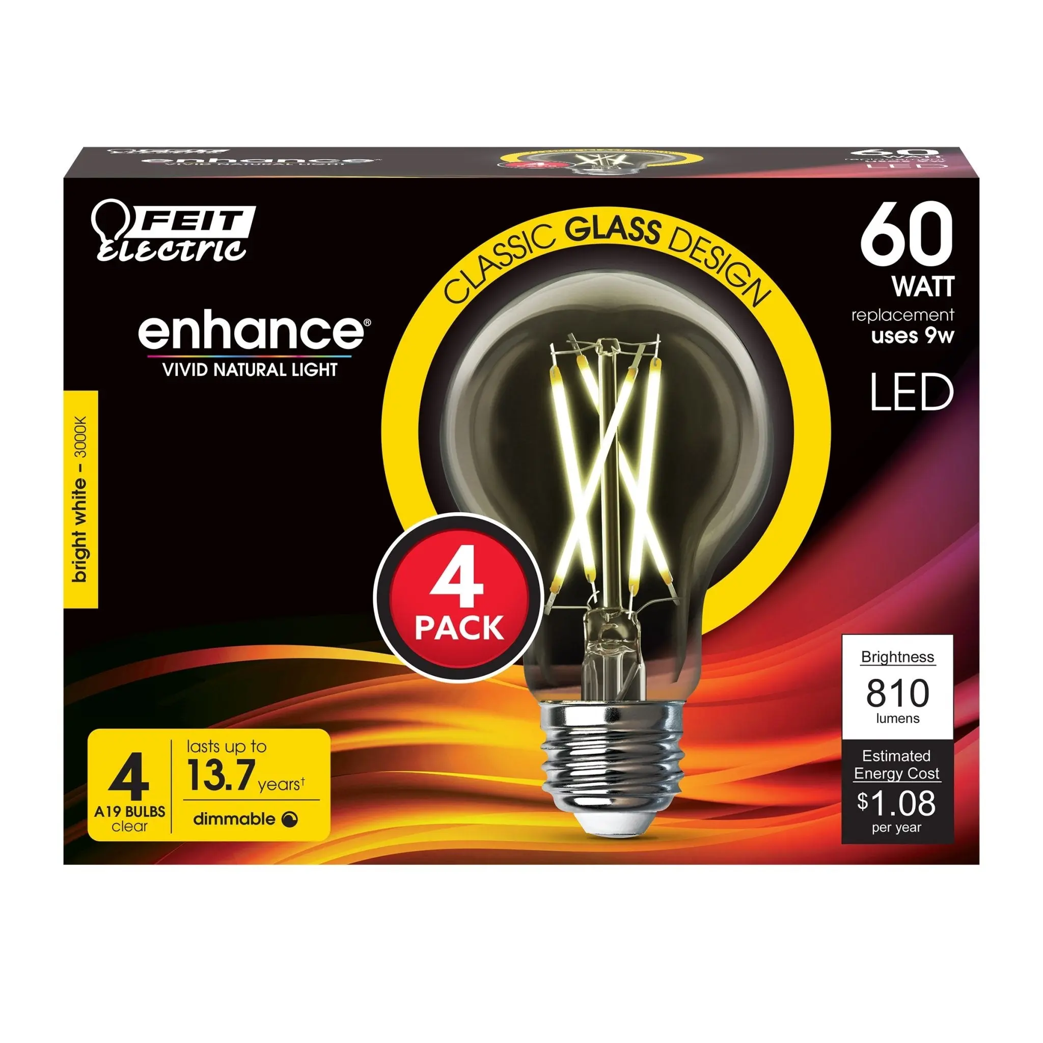 Feit Electric 60 Watt Replacement Bright White 3000K A19 Dimmable Clear Glass LED Light Bulb 4 Pack