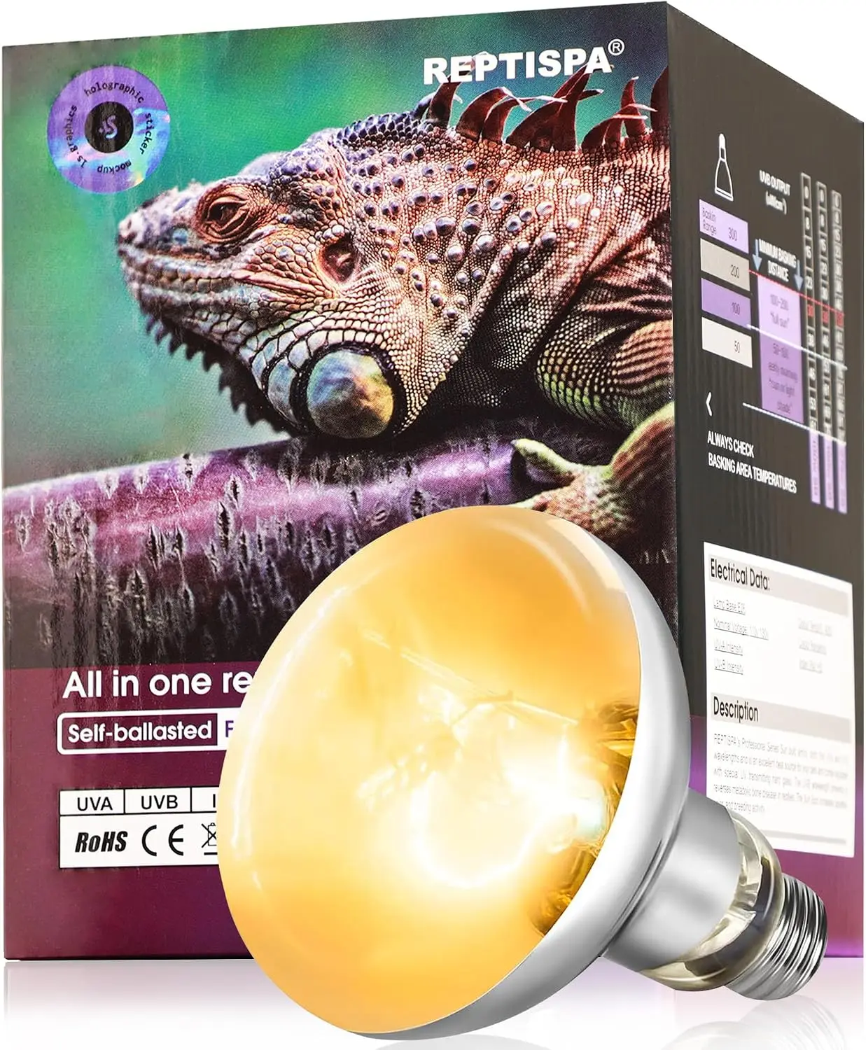 80W UVA-UVB Full Spectrum Reptile Heating Lamp Bulb, 1-Pack Basking Spot Light with Soft Beam, Natural Sunlight Simulation, for Reptiles & Amphibians, Silver