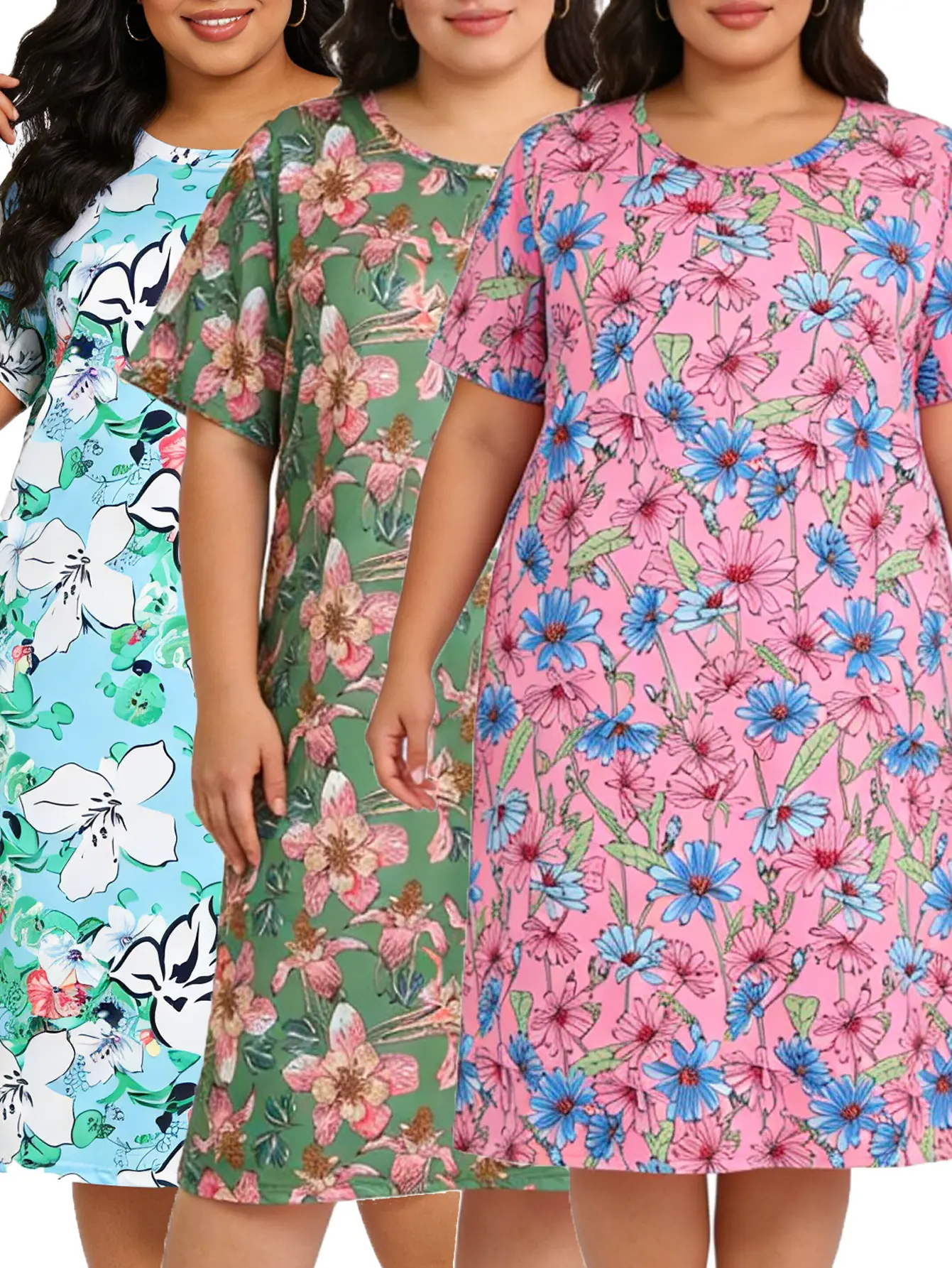 Women's 3-Piece Loungewear Set, Chic Plus Size Casual Floral Print Polyester Knit with Crew Neck Top and Straight Pants, Printed, Short Sleeve, Nightie, Pajamas, Flowers