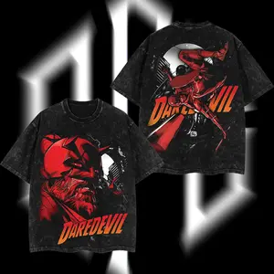 The Man Without Fear "Matt Murdock" Daredevil - Devil of Hell’s Kitchen MCU Comics Edition Double Printed Oversize Lightweight Acid Washed Tee Hoodie Sweater TV Series Graphic Design Top Cotton Streetwear Comic Superheroes T-Shirt Menswear